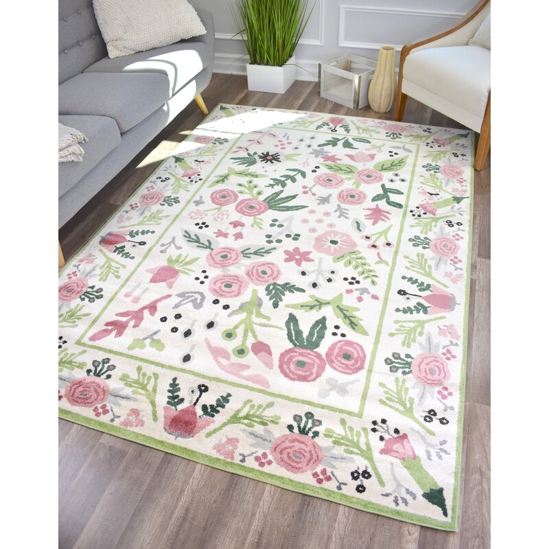 Ebern Designs Vizcarrondo Ivory/Pink/Green Area Rug & Reviews Wayfair